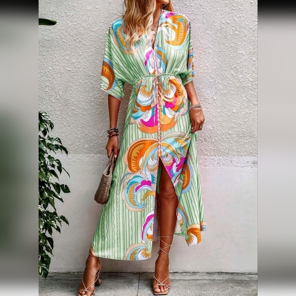 Allover Print Batwing Sleeve Drawstring Waist Split Thigh Dress